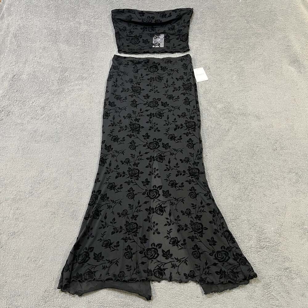 Forever 21 Black Flocked Floral Tube Top Maxi Skirt Set Women’s Small NWT